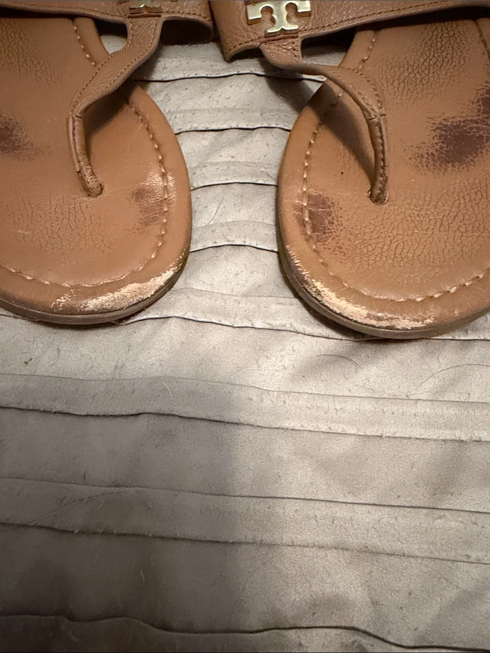 Tory Burch Tan Leather Logo T-Strap Sandals with Gold Emblem